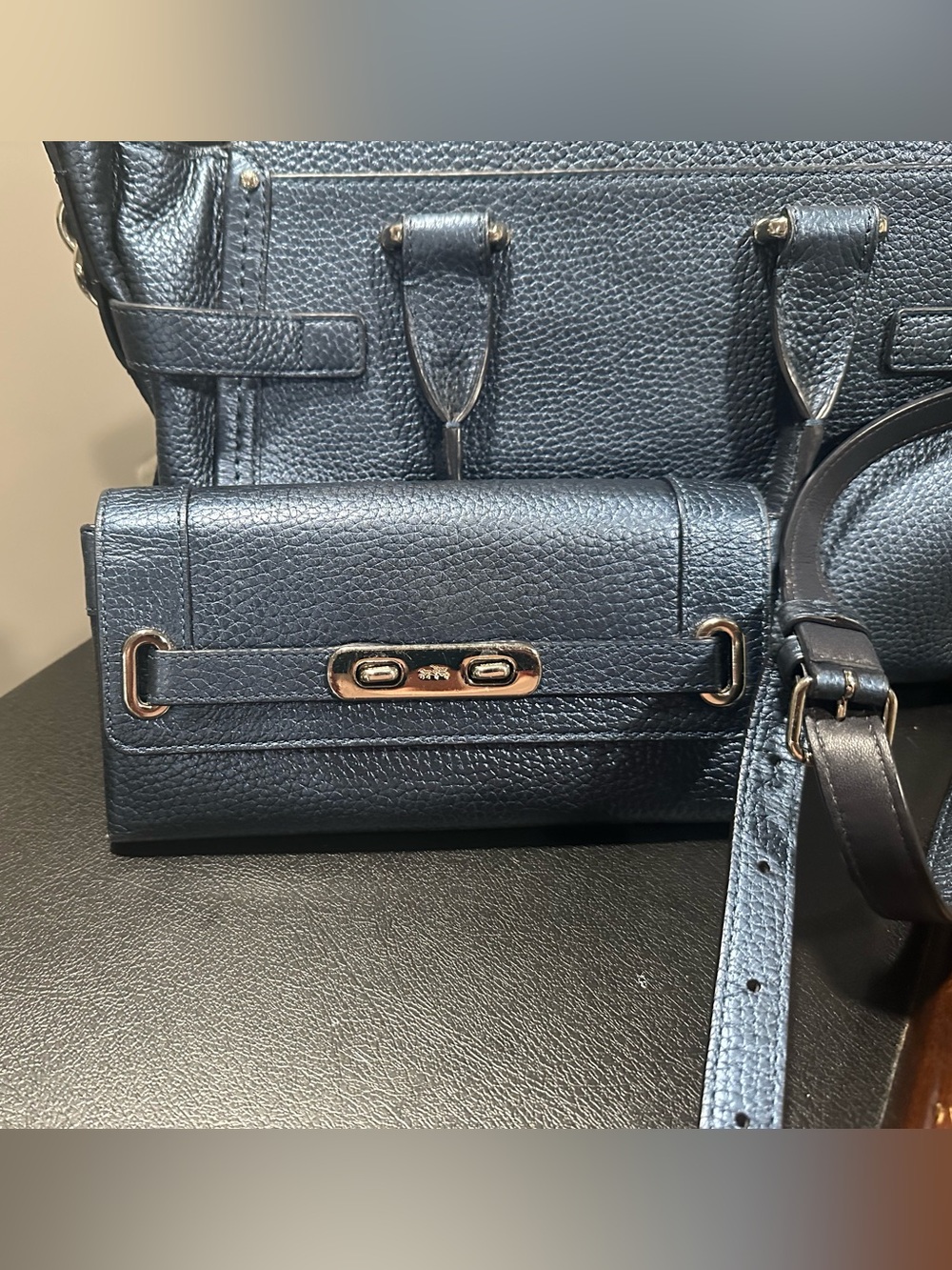 Coach Navy Pebbled Leather Wallet with Gold-Tone Accent